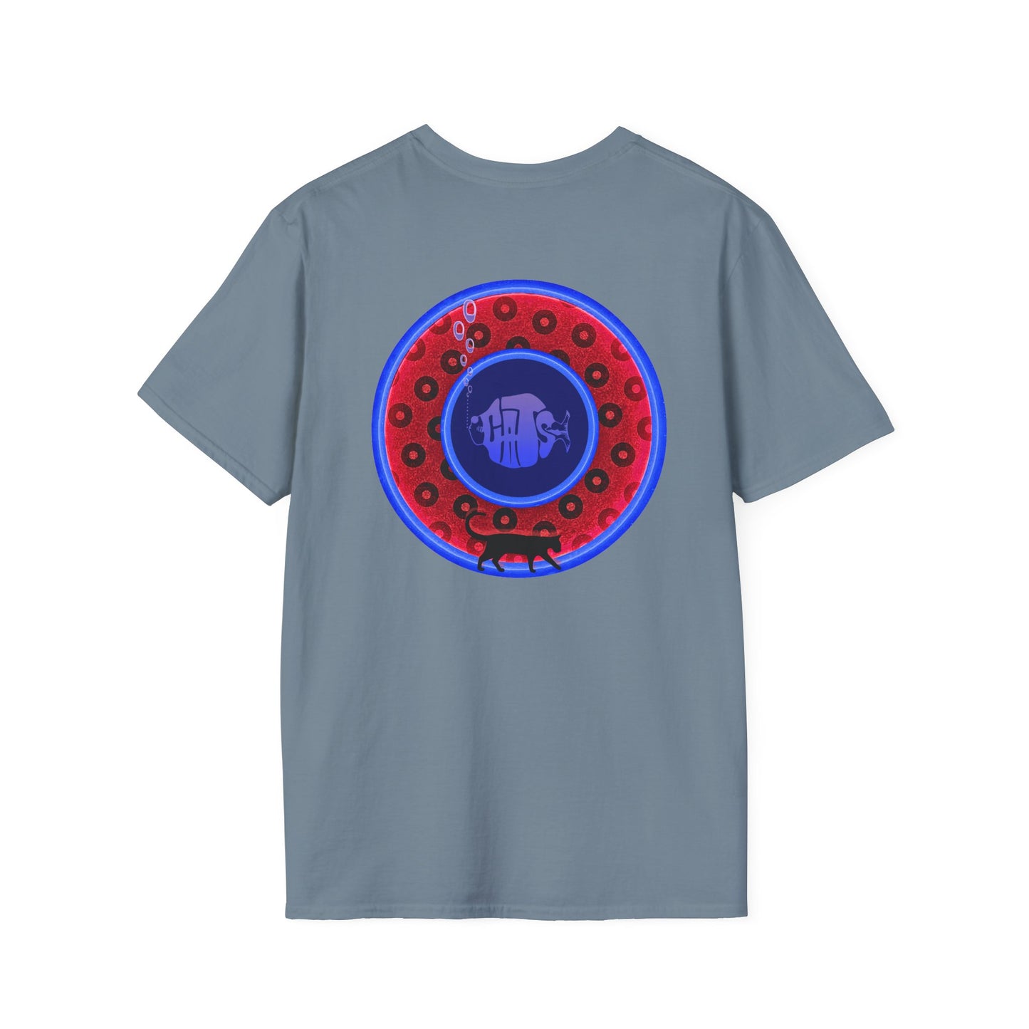 Classic Donut Tee - Unisex Soft-Style - "The Cat's Meow Donut' - red/blue paradox widemouthed donut