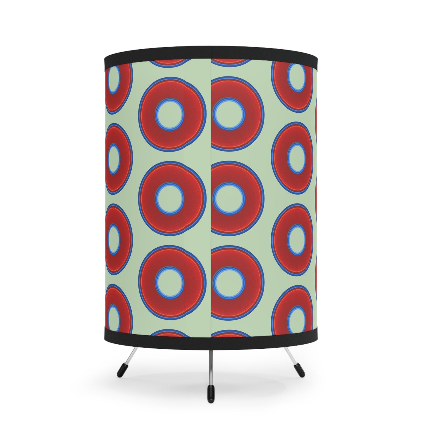 Lumpy Tripod Donut Lamp - vivid red donuts w/seafoam background