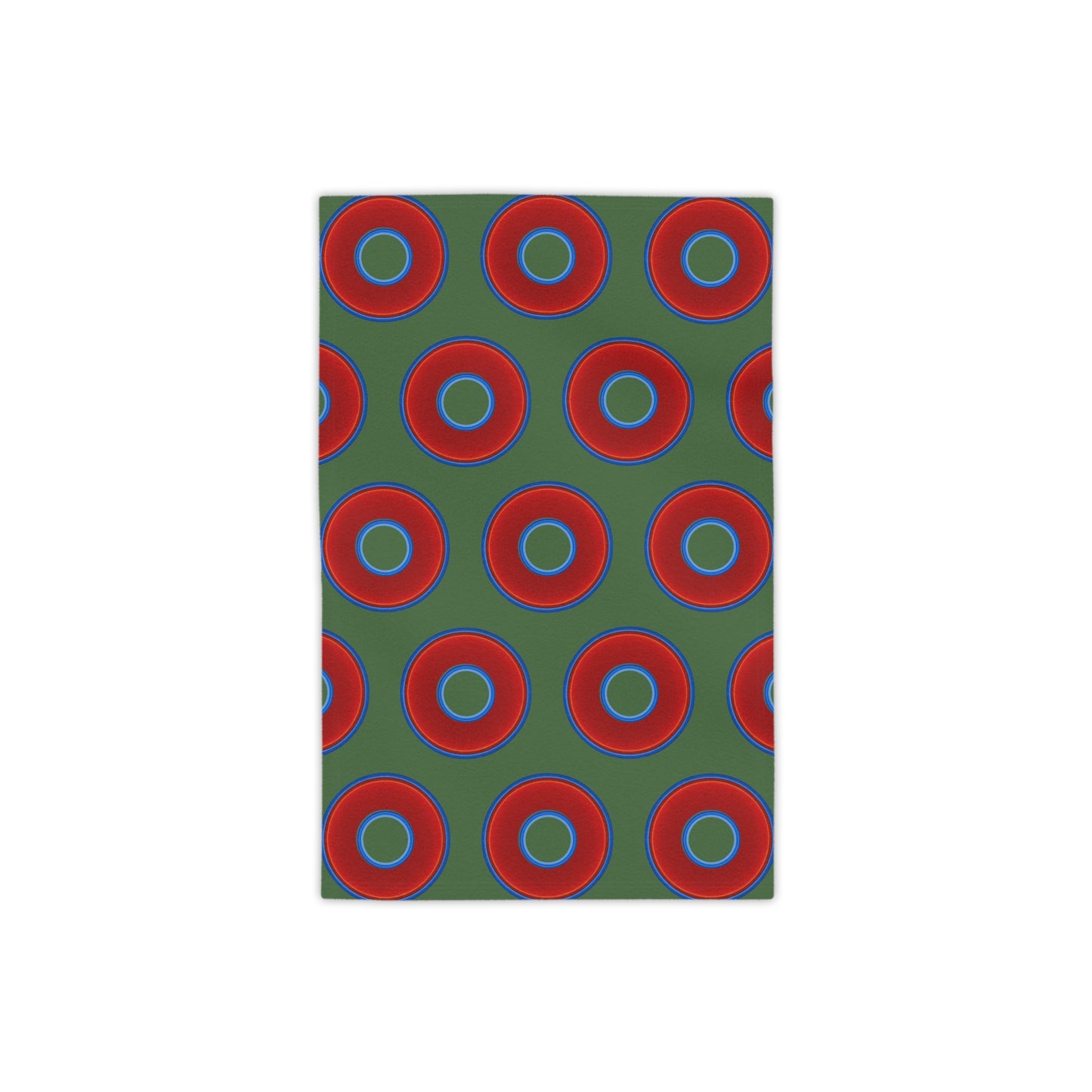 Lumpy Donut Towels - vivid red donuts w/dark green background