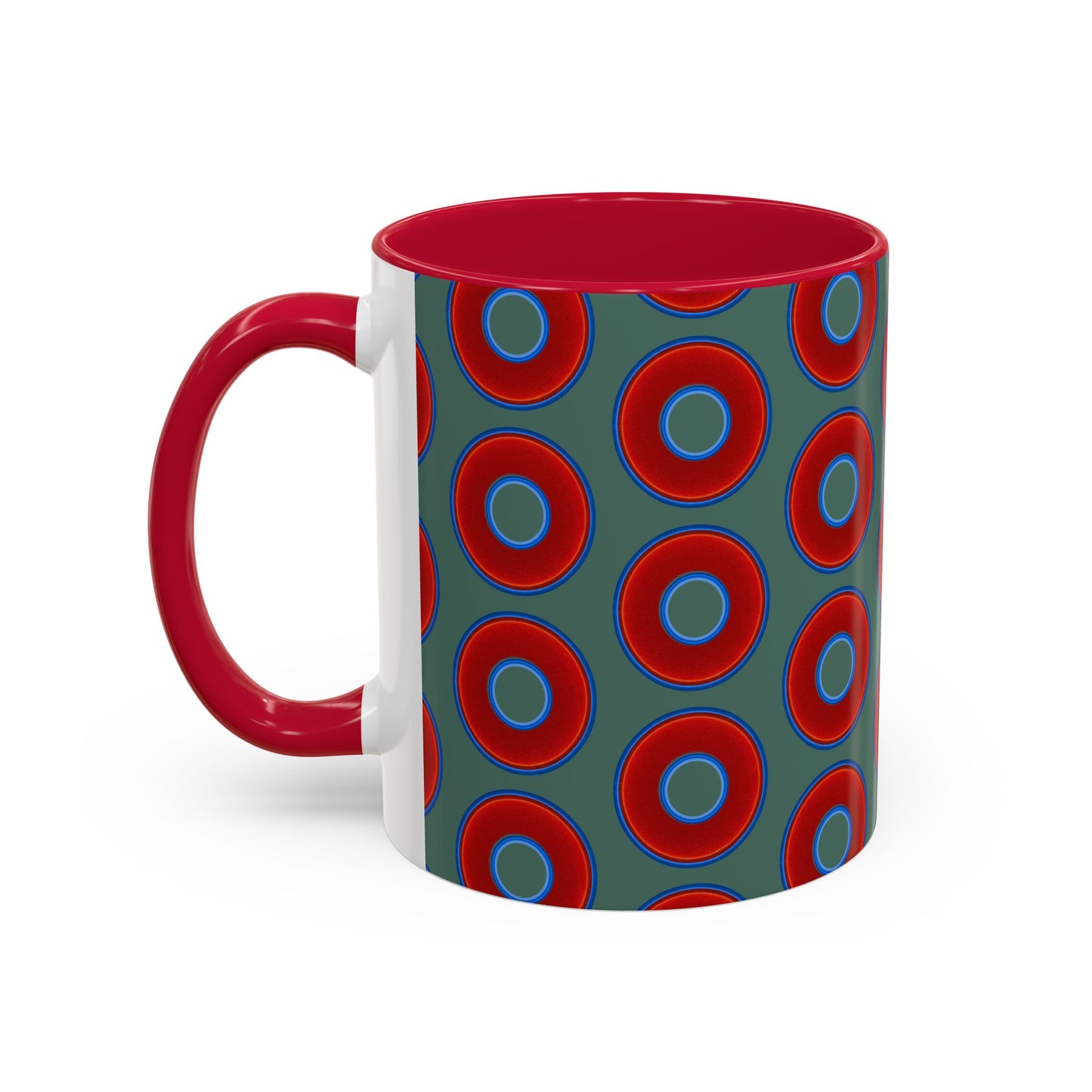 Lump's Grumpy Coffee Mug - vivid red donuts w/Fenway green background