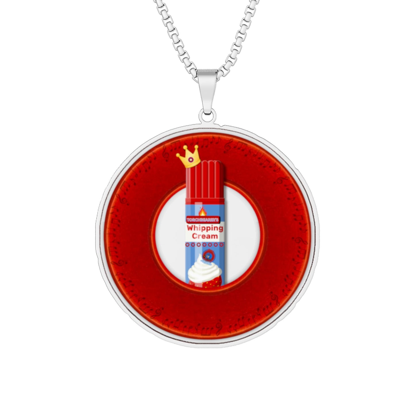 Lump's Heady Donut Necklace - 1" x 1" Stainless Steel Pendant - "Wooked Cream Dairy - YEMSG Donut - Princely Edition" - vivid red donut