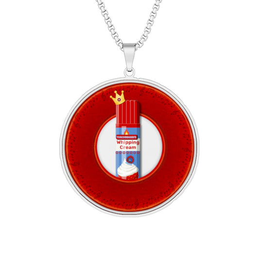 Lump's Heady Donut Necklace - 1" x 1" Stainless Steel Pendant - "Wooked Cream Dairy - YEMSG Donut - Princely Edition" - vivid red donut