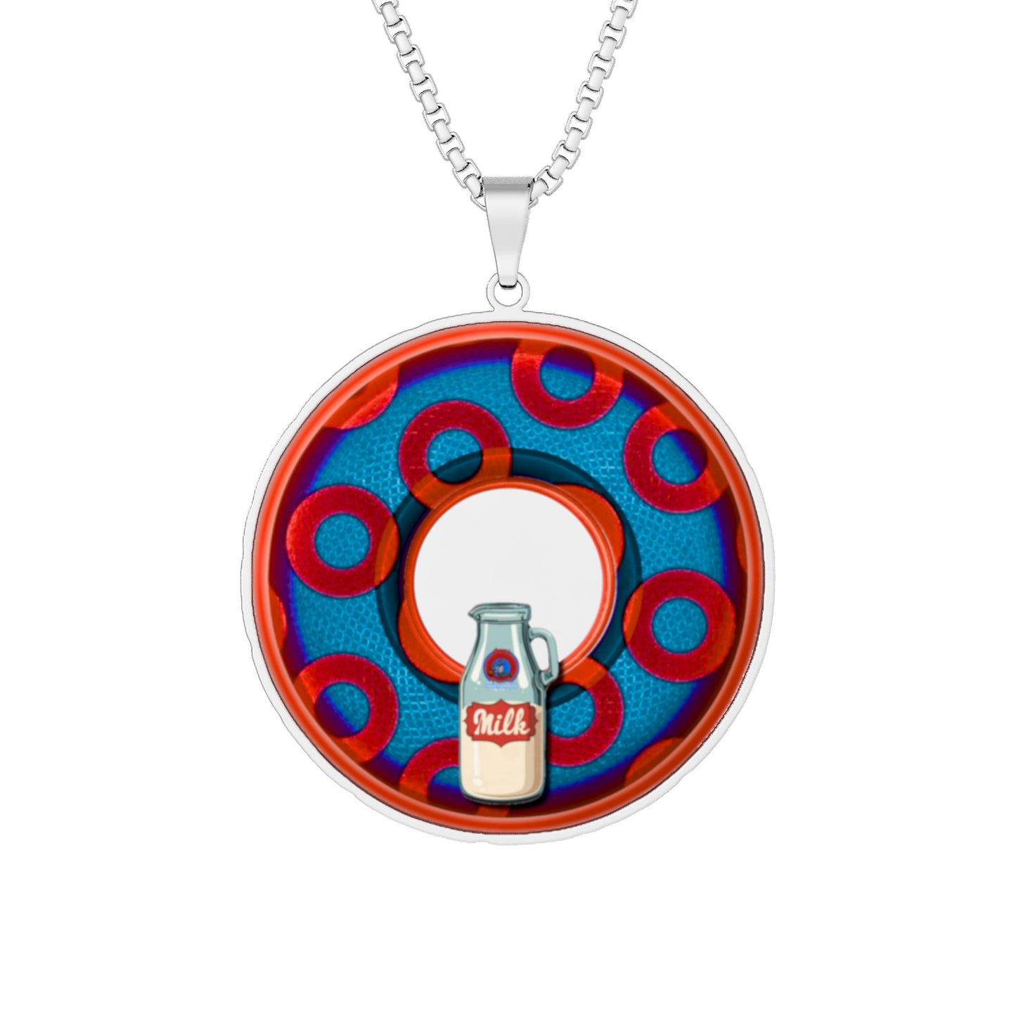 Lump's Heady Donut Necklace - 1" x 1" Stainless Steel Pendant - "Wooked Cream Dairy - YEMSG Donut" - blue/red rustic paradox donut - variant 1