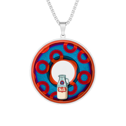 Lump's Heady Donut Necklace - 1" x 1" Stainless Steel Pendant - "Wooked Cream Dairy - YEMSG Donut" - blue/red rustic paradox donut - variant 1
