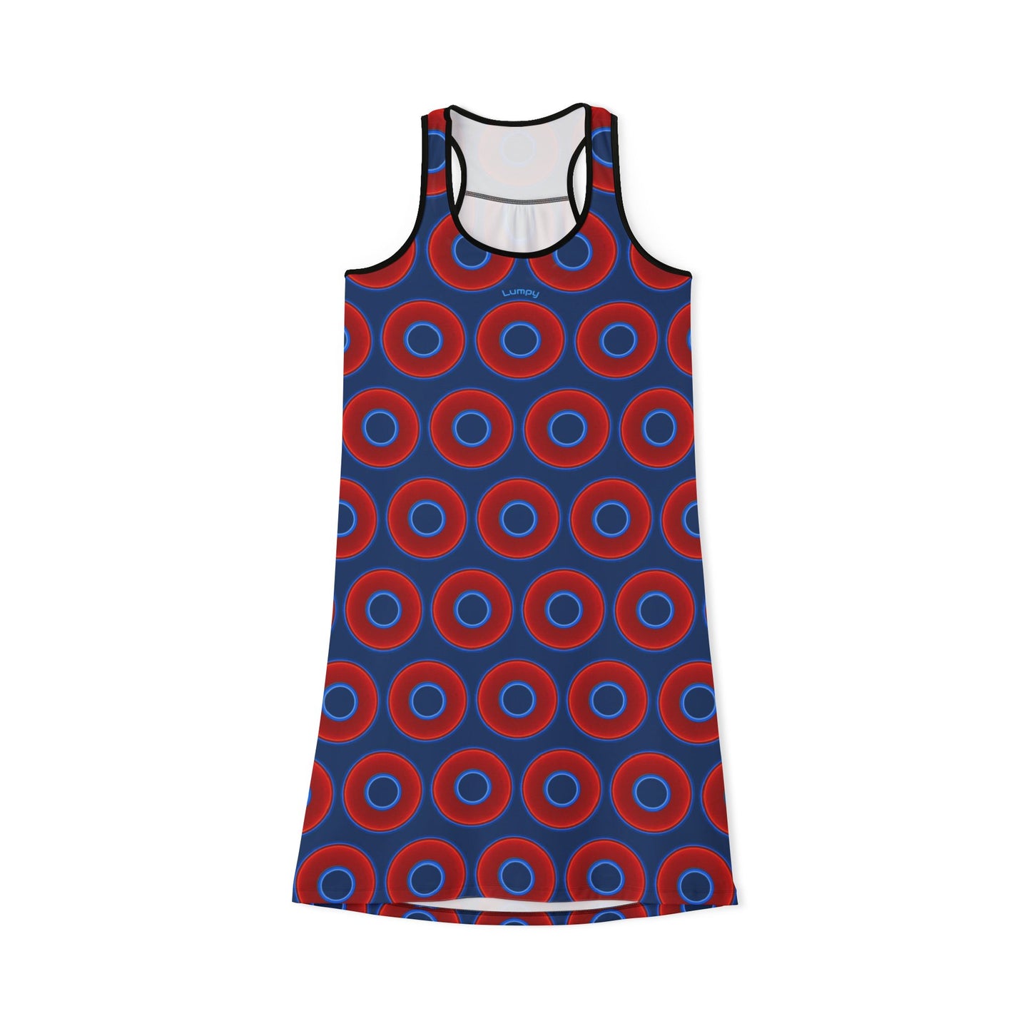 Tela's Lumpy Racerback Donut Dress - red vivid donut print w/Atlantic navy blue background