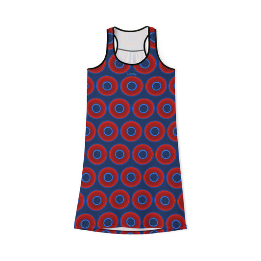 Tela's Lumpy Racerback Donut Dress - red vivid donut print w/Atlantic navy blue background