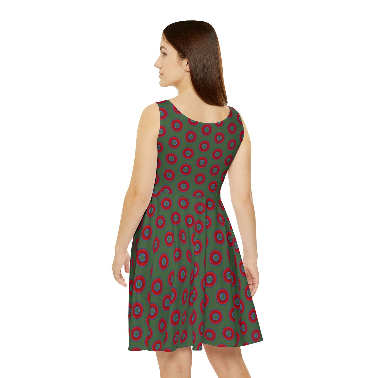 Women's Skater Donut Dress - vivid red donut print w/dark green background