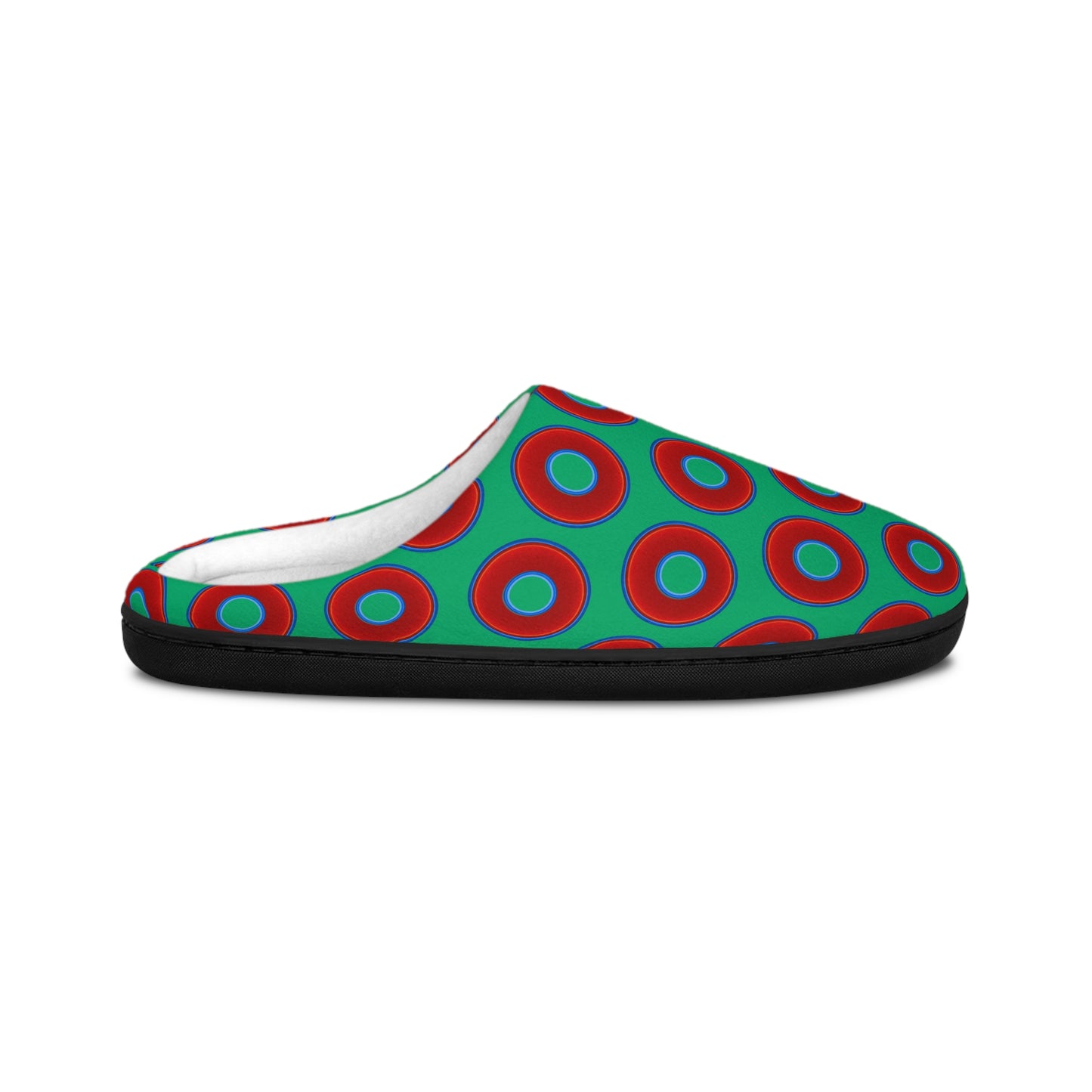 Women's Lumpy Slippers - red vivid donut print w/jade green background