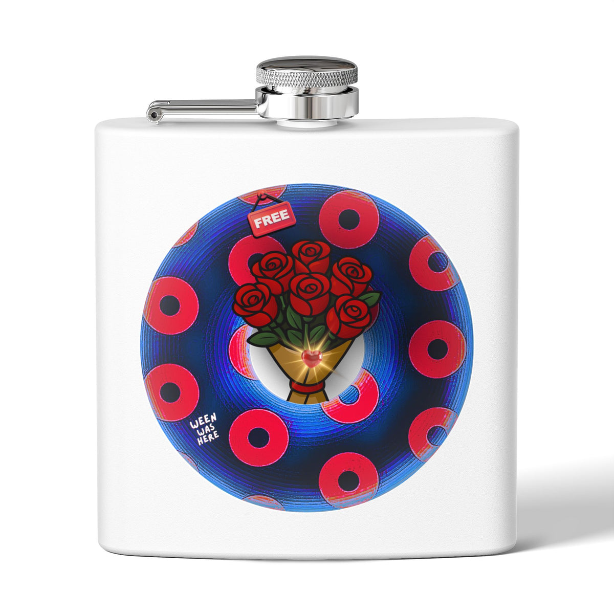 Lump's Donut Flask 6 oz -  "Donuts R Phree" - red/blue rustic donut - [*w/your choice of 6 backgrounds]