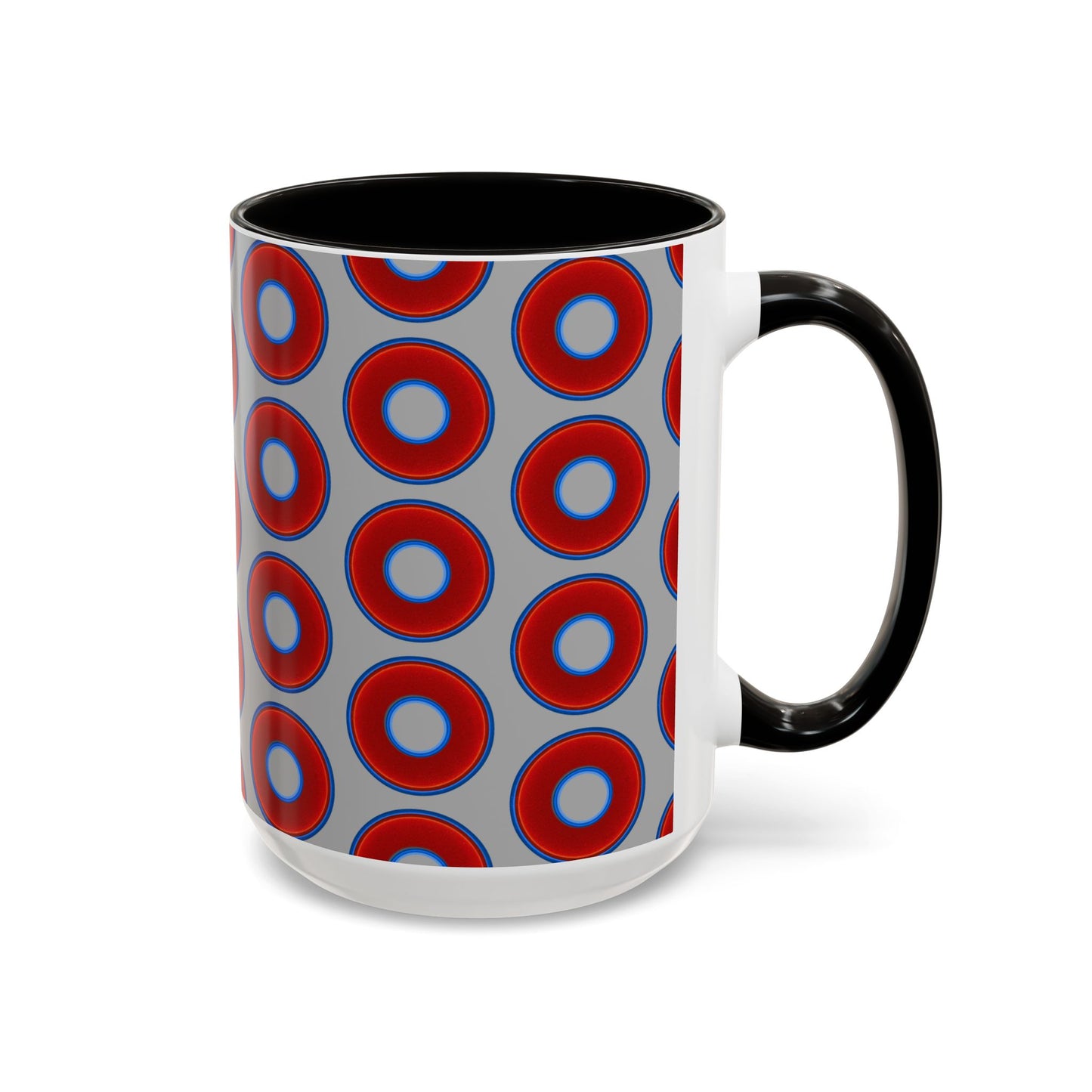 Lump's Grumpy Coffee Mug - vivid red donuts w/light gray background