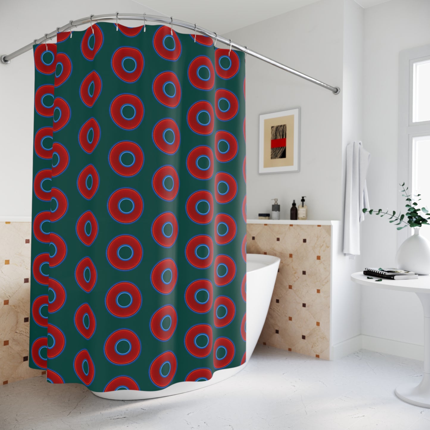 The Curtain With "Donuts" - Lumpy Bath Time Fun - vivid red donuts w/dark Fenway green background