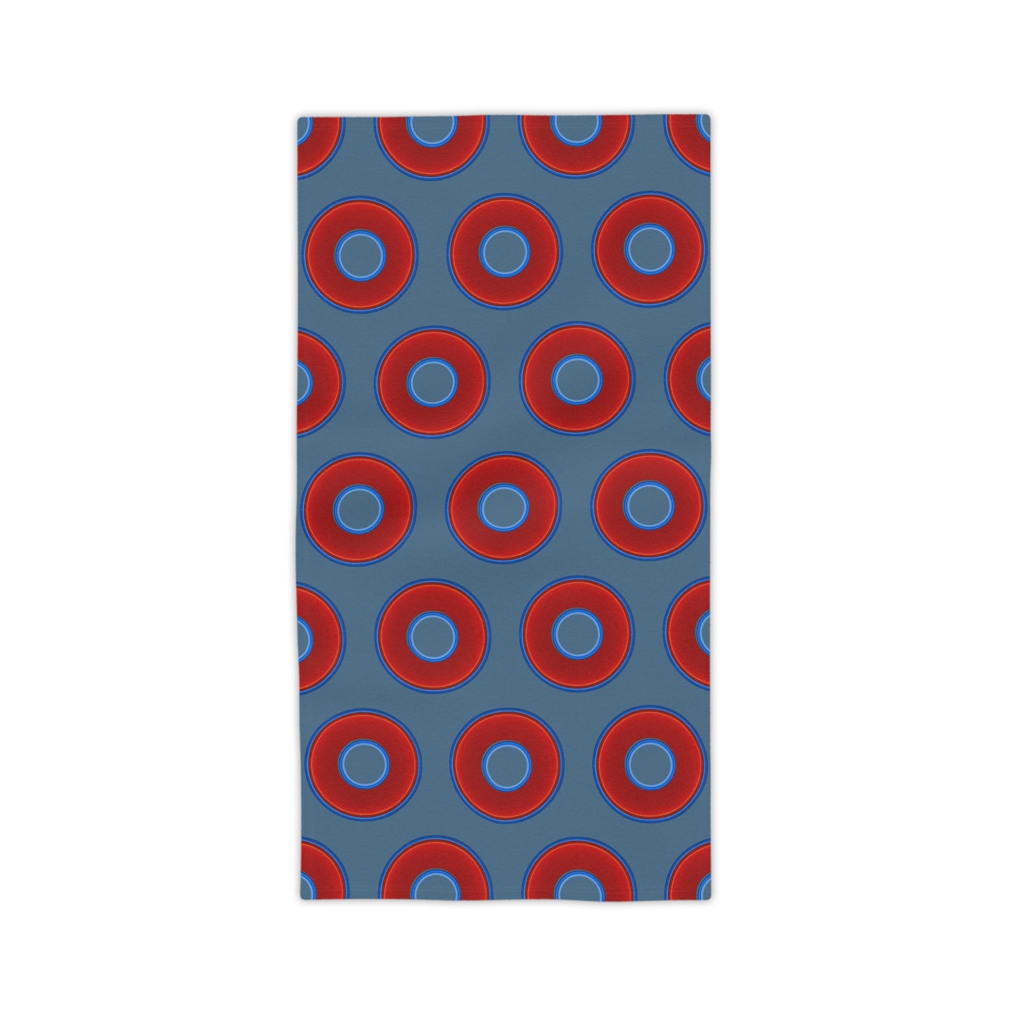 Lumpy Donut Towels - vivid red donuts w/steel blue background