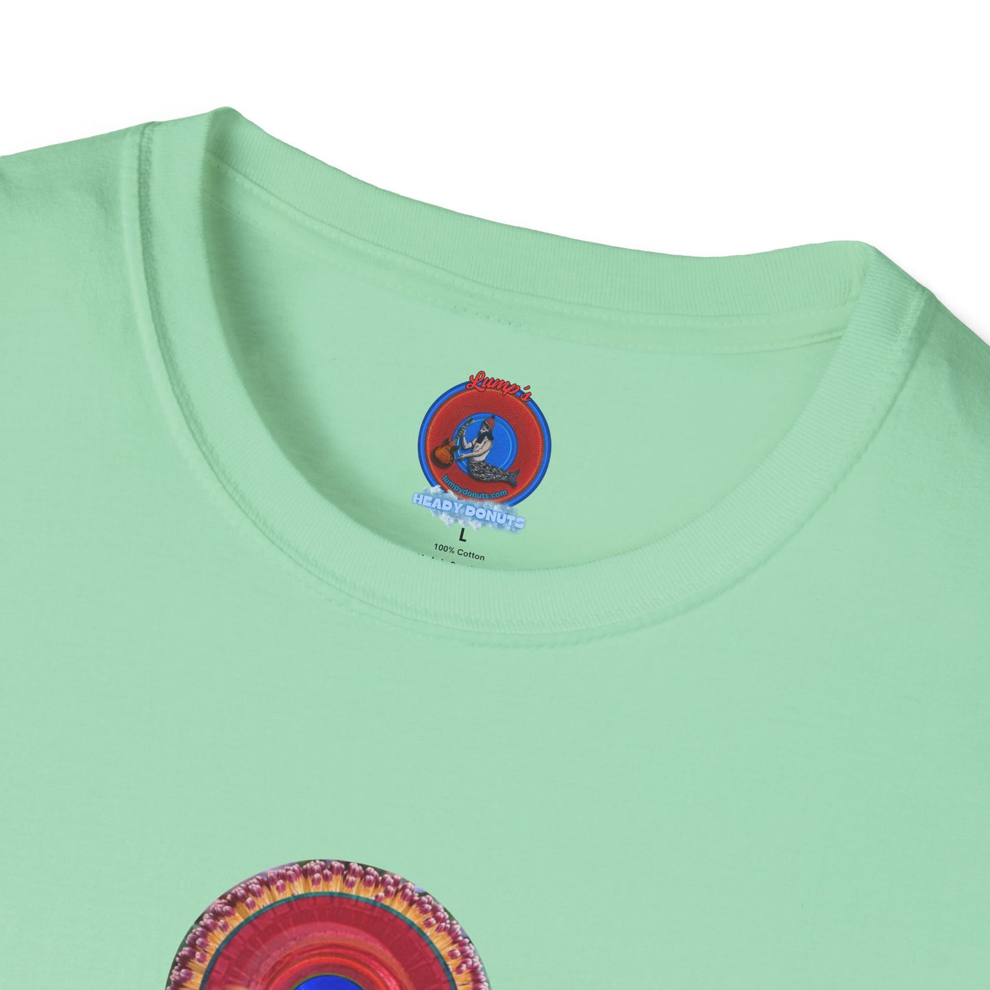 Classic Donut Tee - Unisex Soft-Style - "Smell the Donuts Outside on my Lawn"  " variant 2 - blue donut on red donut/flower