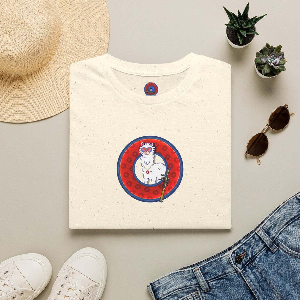 Classic Donut Tee - Unisex Soft-Style - "Medium Paced Llama Donut" - red/blue widemouthed paradox donut