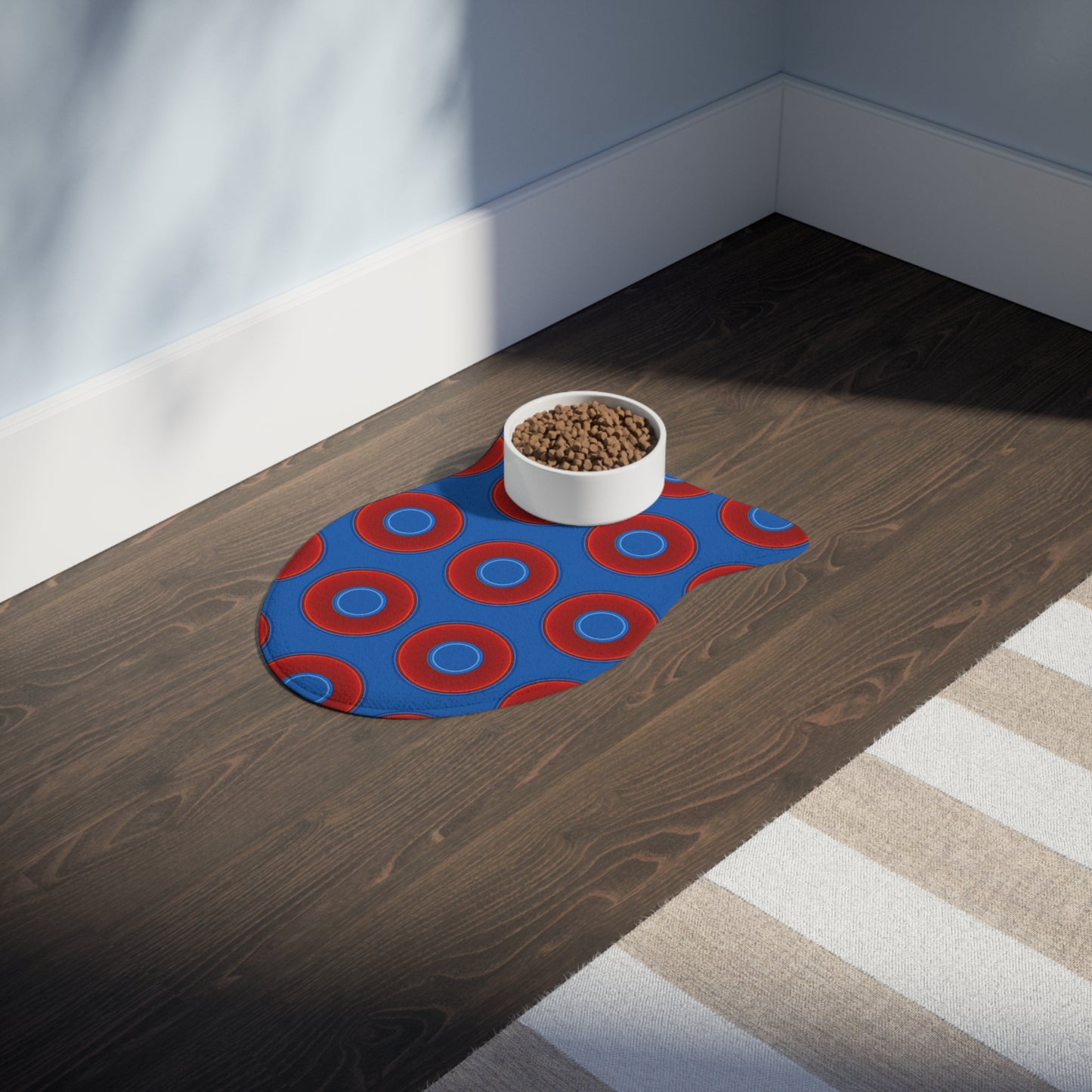Wendy's Lumpy Pet Feed Mat - vivid red donuts w/dark royal blue background