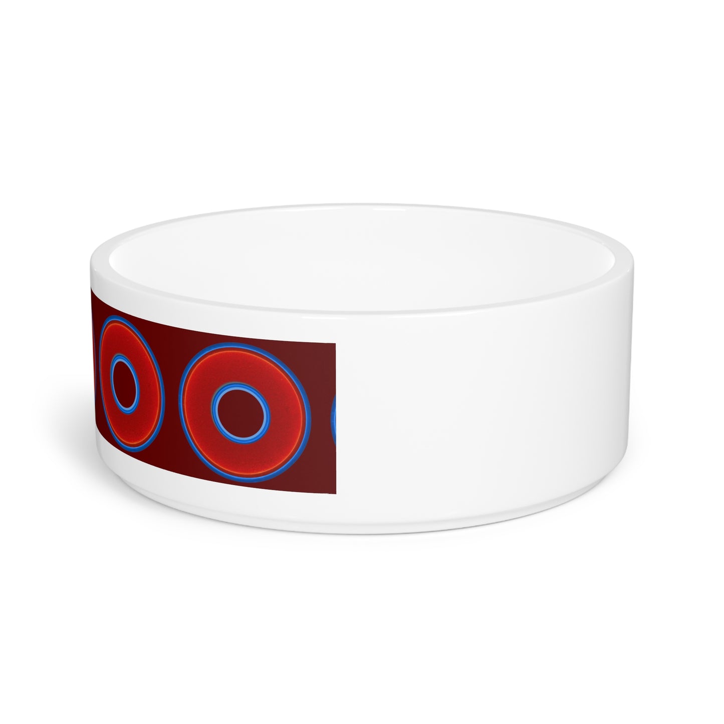 16 oz Lumpy Pet Bowl - vivid red donuts w/dark red background
