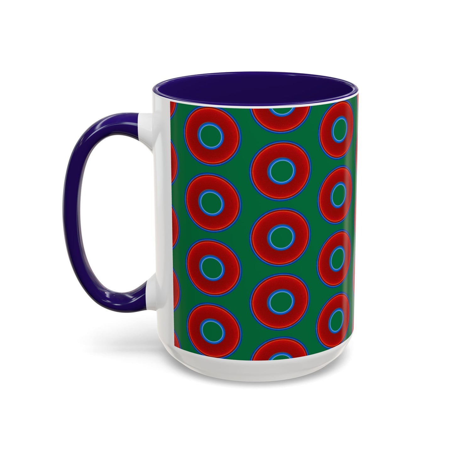 Lump's Grumpy Coffee Mug - vivid red donuts w/green background