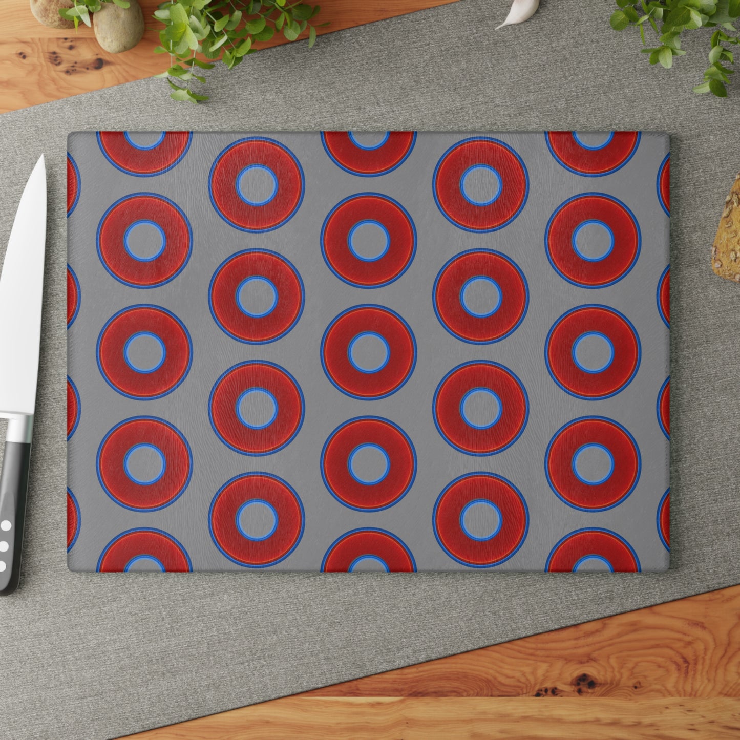 My Friend's Cutting Board - vivid red donuts w/gray background