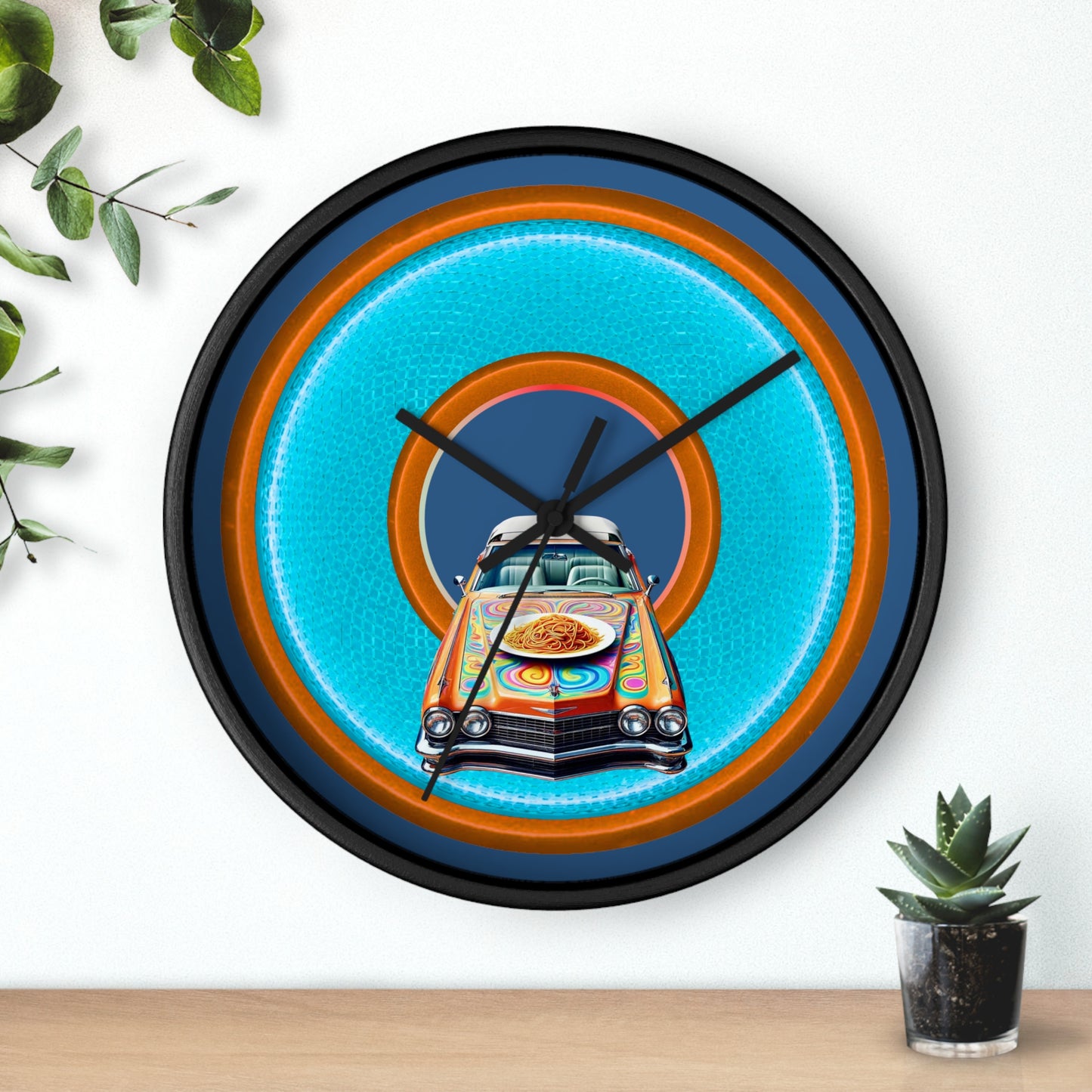 Lumpy Wall Clock - "Cadillac Rainbows & Eating on the Run" - variant 3 - rustic light blue/orange donut w/light navy blue background