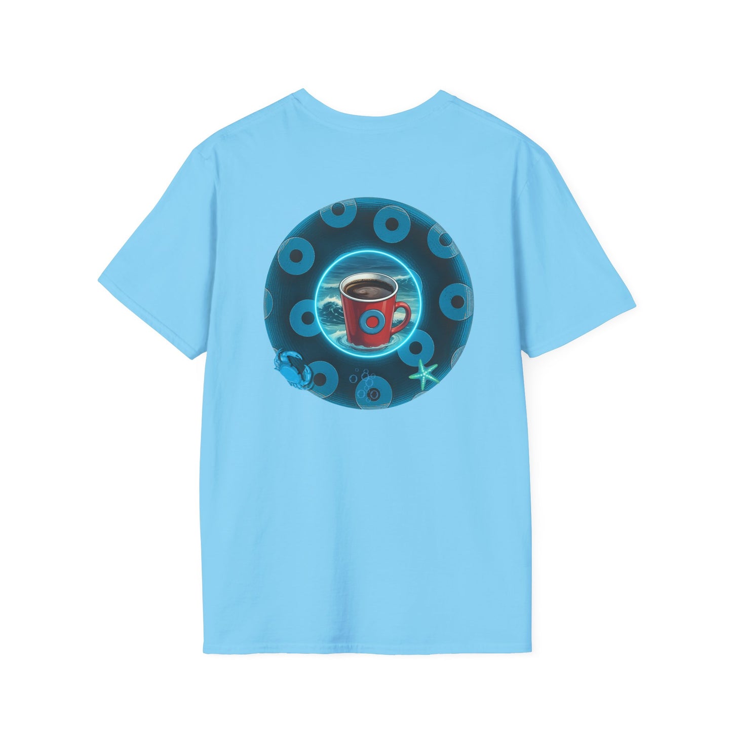 Lumpy Coffee Traders Tee - Unisex Soft-Style - "Good to Last Leaky Drop" - paradoxical ocean donut - variant 1 - logo front/coffee back