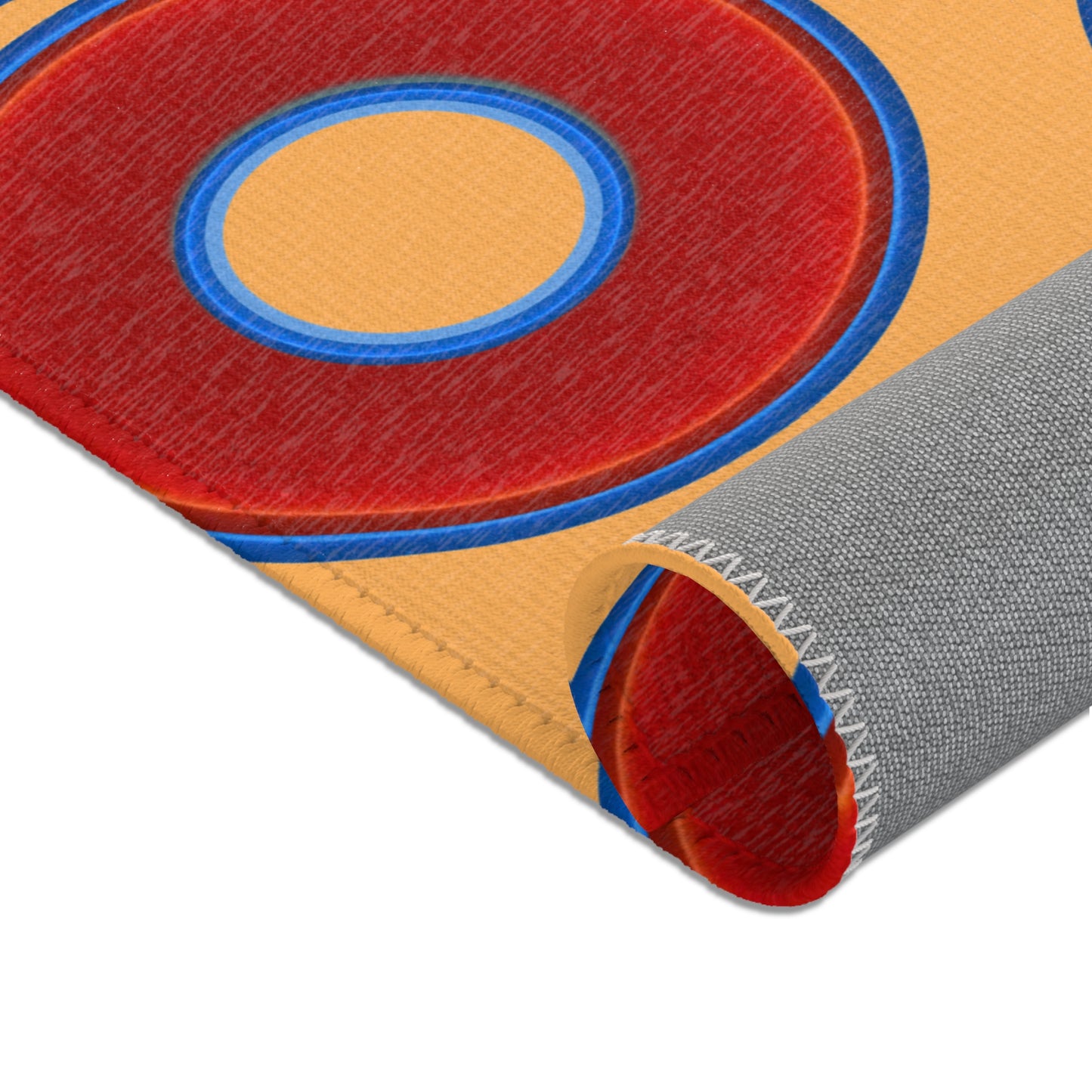 Lumpy Donut Print Rug - choice of 3 sizes - vivid red donut print w/creamsicle orange background