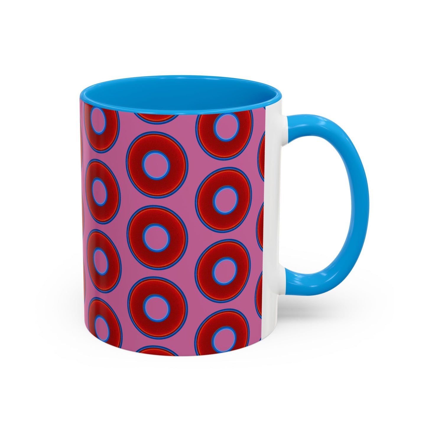 Lump's Grumpy Coffee Mug - vivid red donuts w/pink background