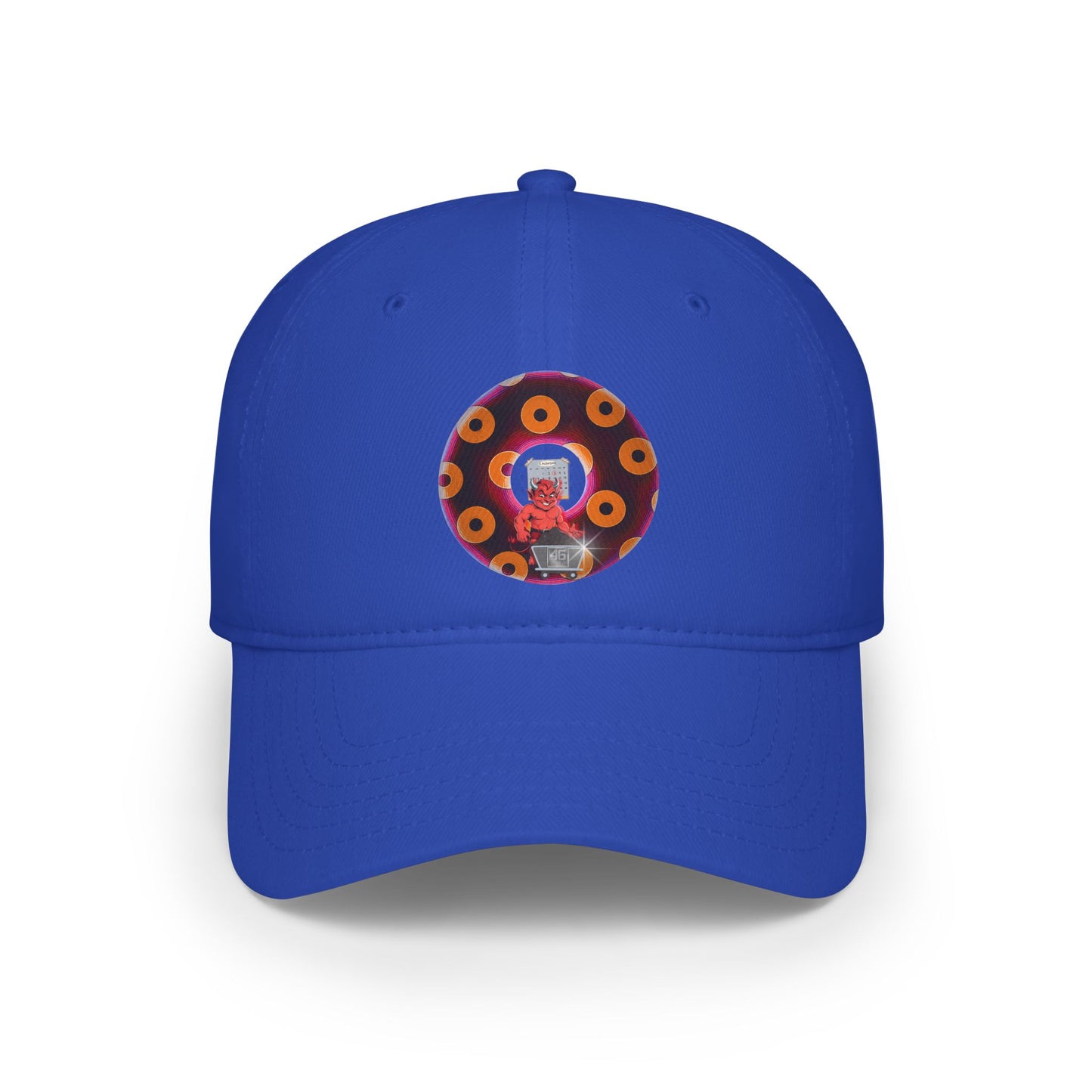 Lumpy Donut Baseball Cap - "46 Donuts Taste The Fear" - paradoxical dark magenta/orange blimpy donut w/