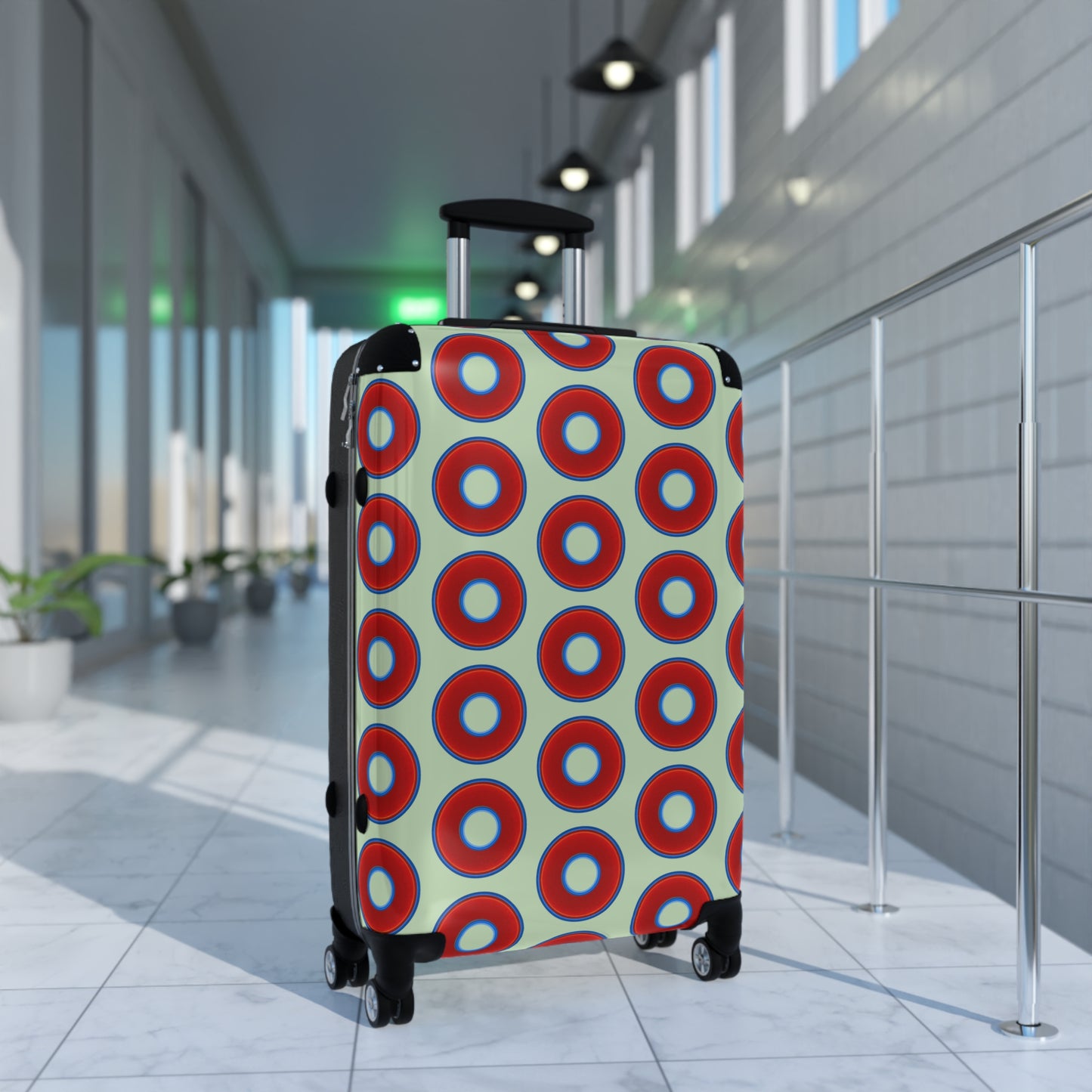 The Very Lumpy Donut Suitcase series - your choice of S, M or L - vivid red donut print w/seafoam background
