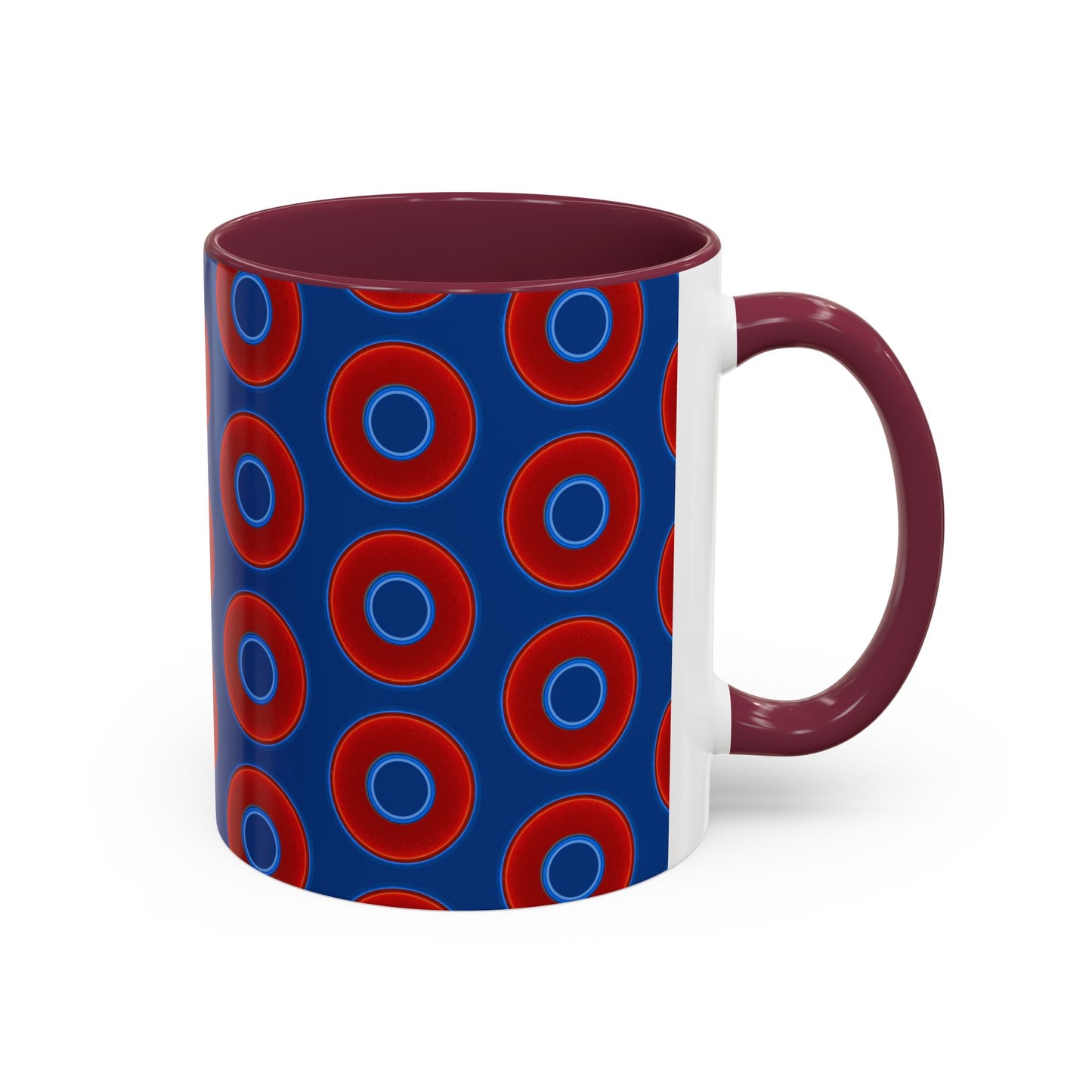 Lump's Grumpy Coffee Mug - vivid red donuts w/dark blue background