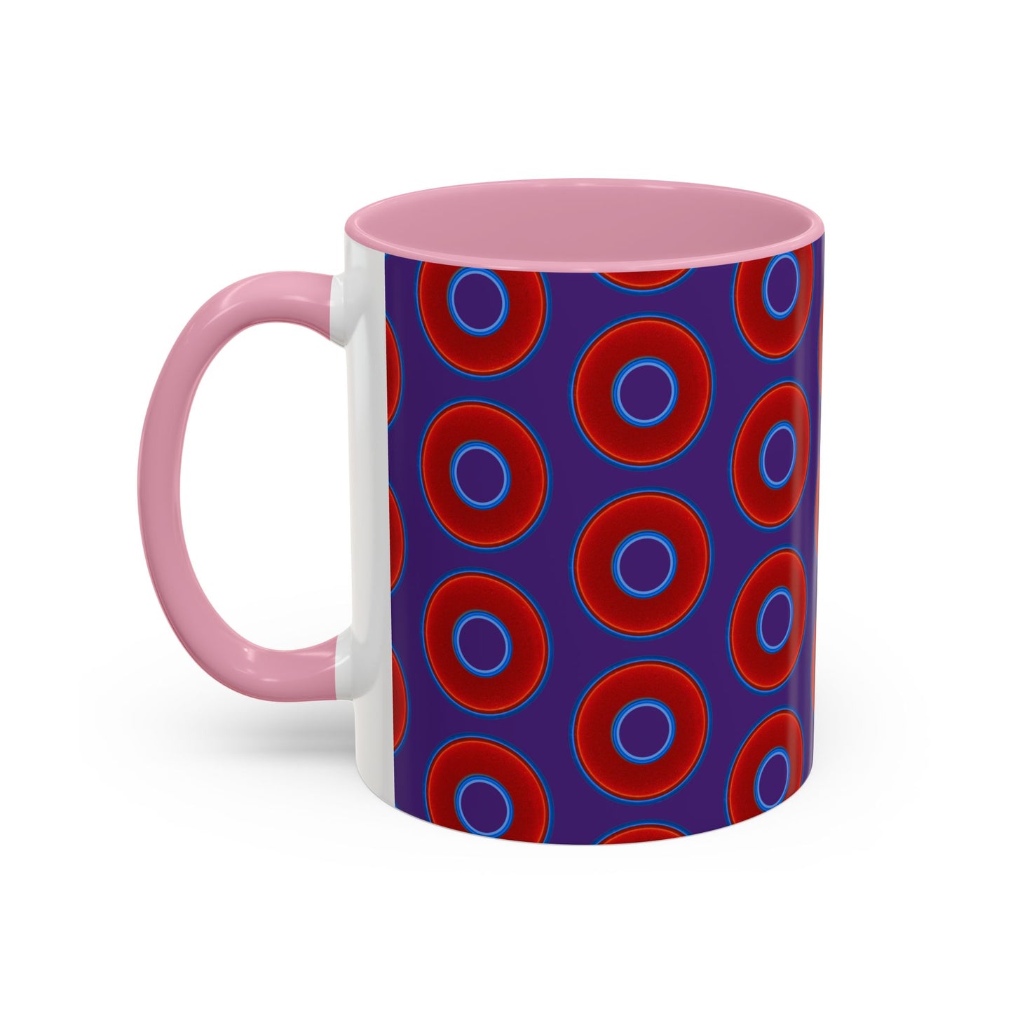 Lump's Grumpy Coffee Mug - vivid red donuts w/purple background