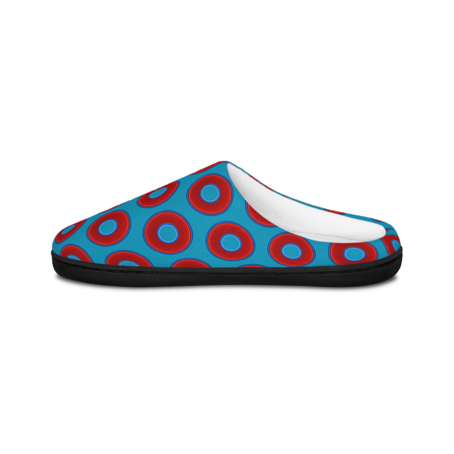 Women's Lumpy Slippers - red vivid donut print w/aquamarine blue background