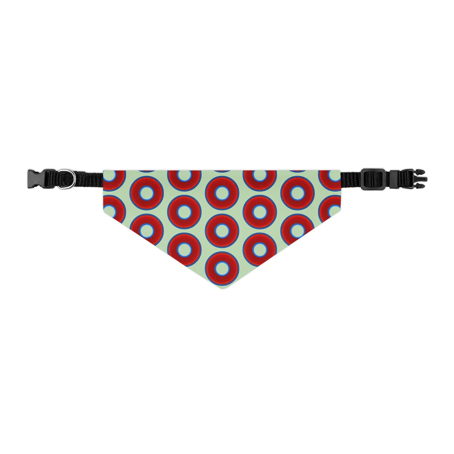 Jim's Lumpy Bandana Pet Collar - vivid red donuts w/seafoam background