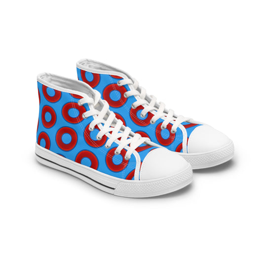 Women's High Top Chuck Taylors - large vivid red donut print w/sky royal blue background