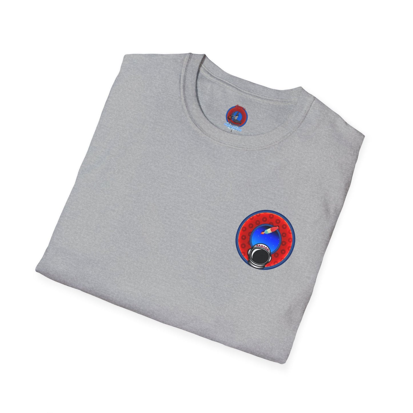 Classic Donut Tee - Unisex Soft-Style - "This is What Donuts Smell Like in Space - YEMSG Donut" - red/blue widemouthed paradox donut