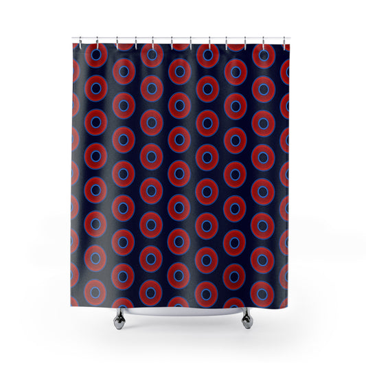 The Curtain With "Donuts" - Lumpy Bath Time Fun - vivid red donuts w/midnight blue background