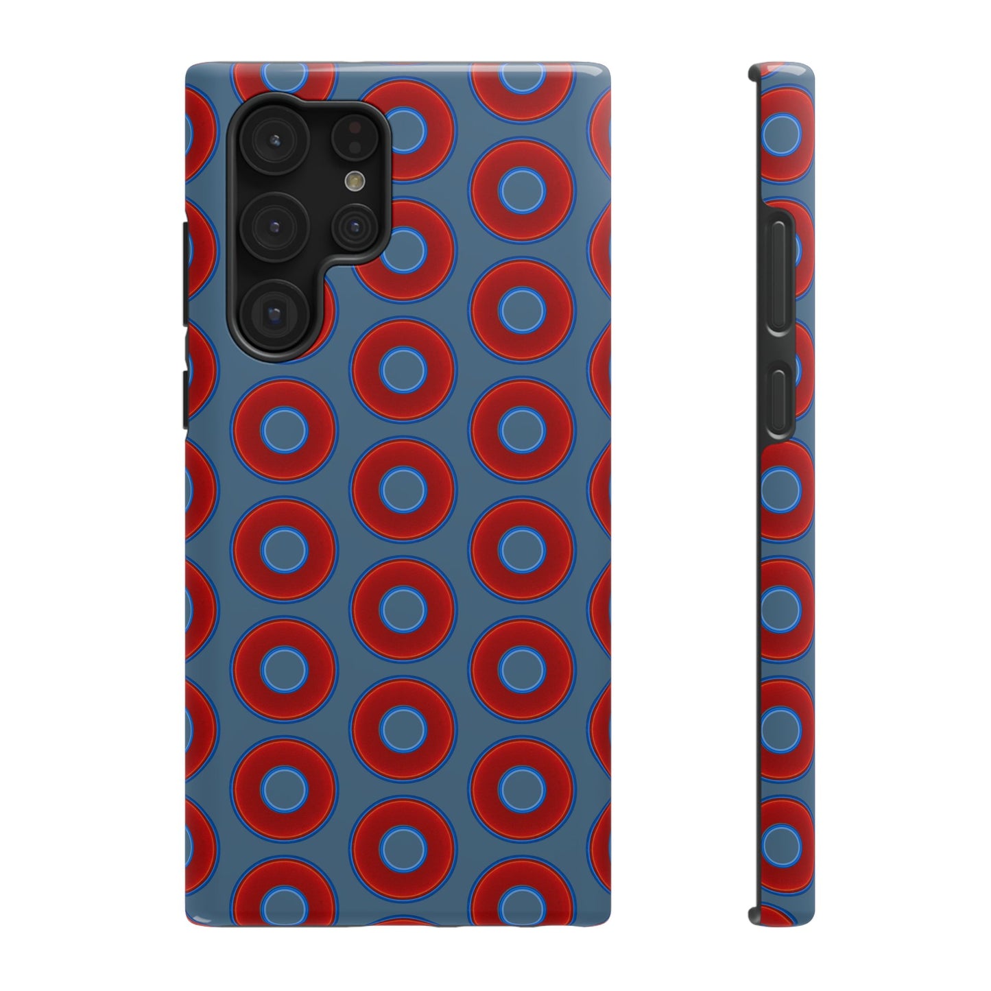 Impact-Resistant Lumpy Donut Case - red vivid donut print w/steel blue background