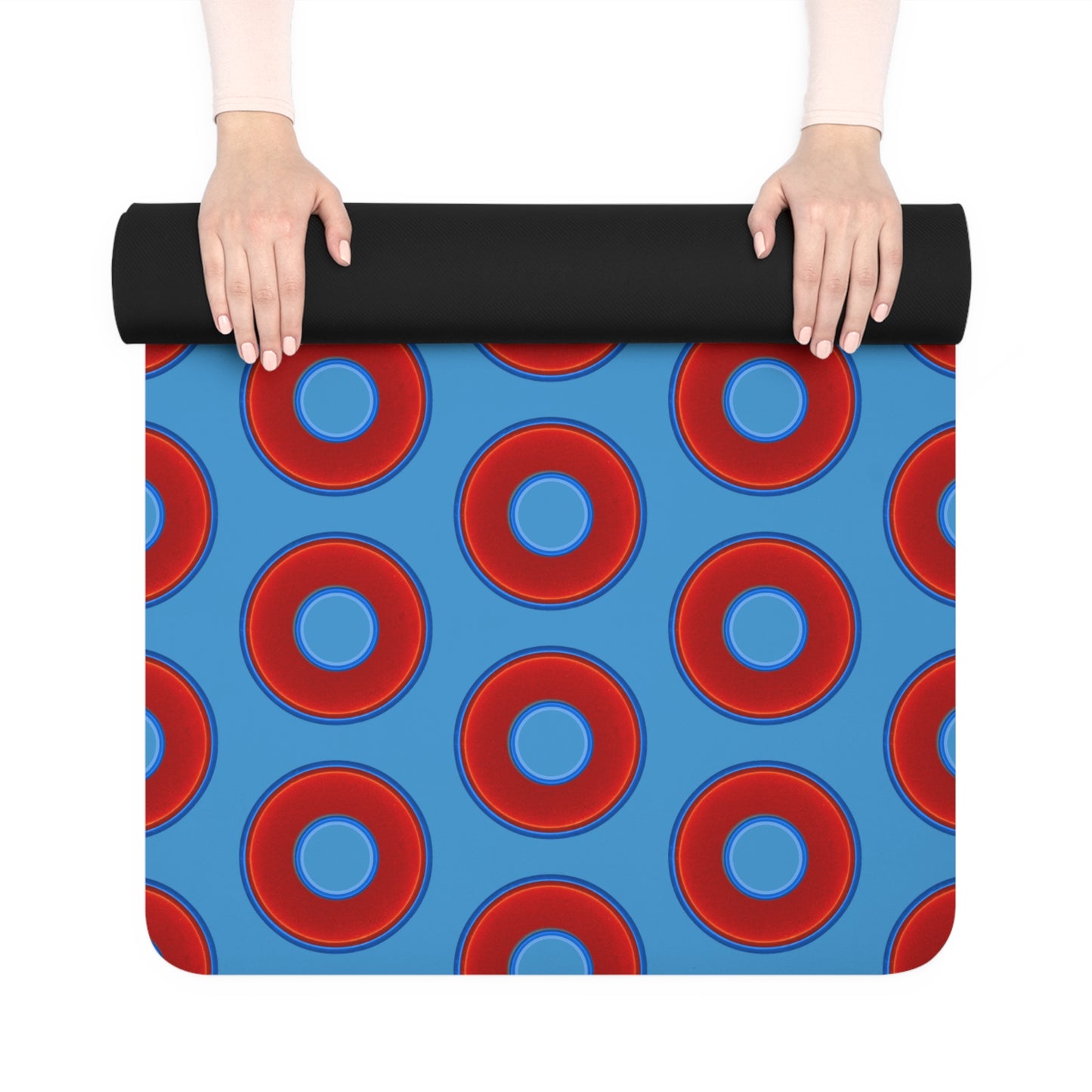 Lumpy Donut Yoga Mat :) - 24″ x 70" - vivid red donut print w/light steel blue background