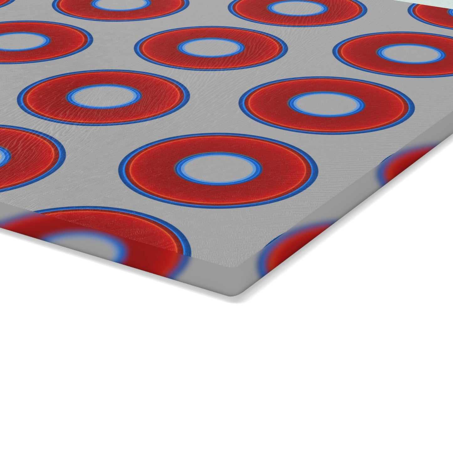 My Friend's Cutting Board - vivid red donuts w/light gray background