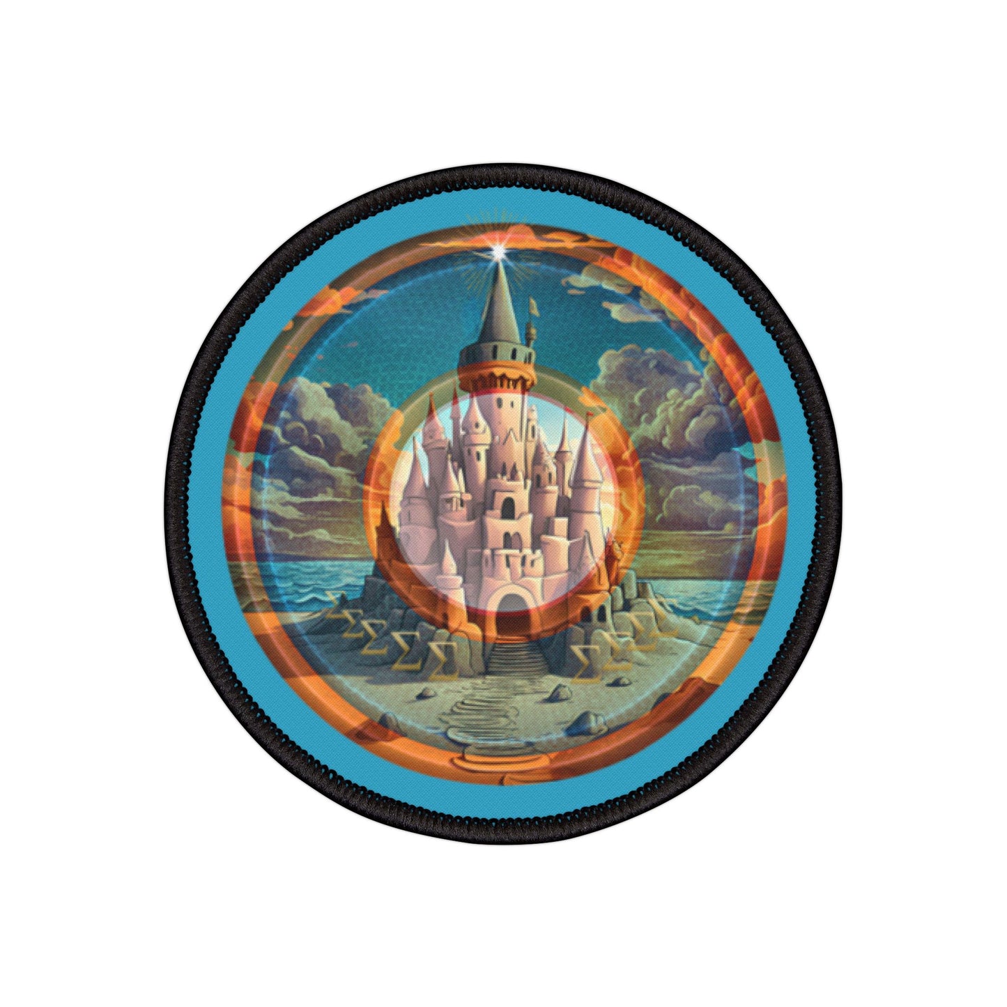 Iron-On Donut Patch - "The Donut Patch that Tides Never Reach" - rustic orange/blue pic donut - variant 1