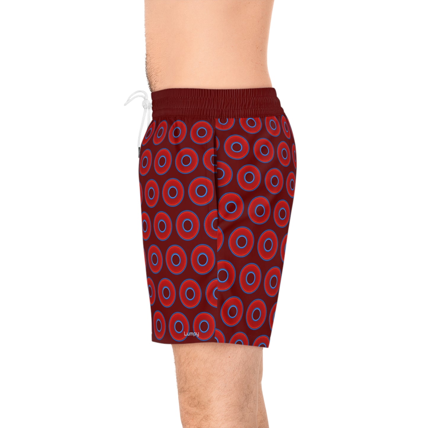 Men's Lumpy Swim Trunks - vivid red donut print w/dark red background
