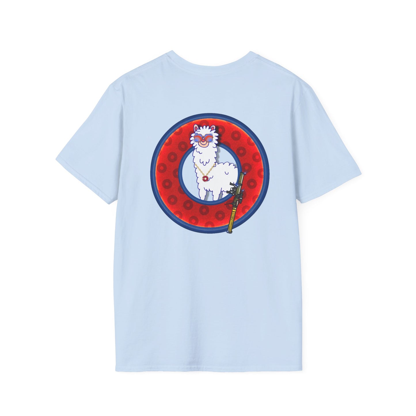 Classic Donut Tee - Unisex Soft-Style - "Medium Paced Llama Donut" - red/blue widemouthed paradox donut