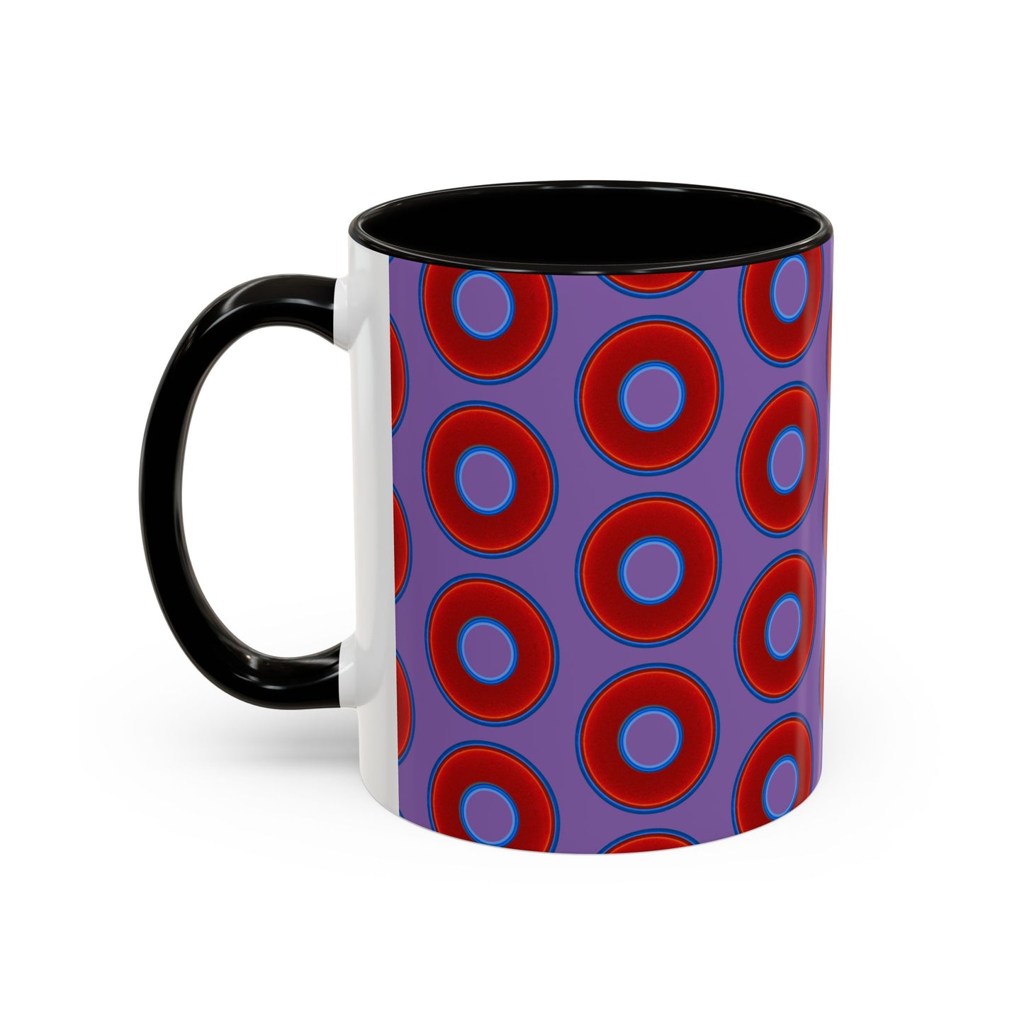 Lump's Grumpy Coffee Mug - vivid red donuts w/light purple background