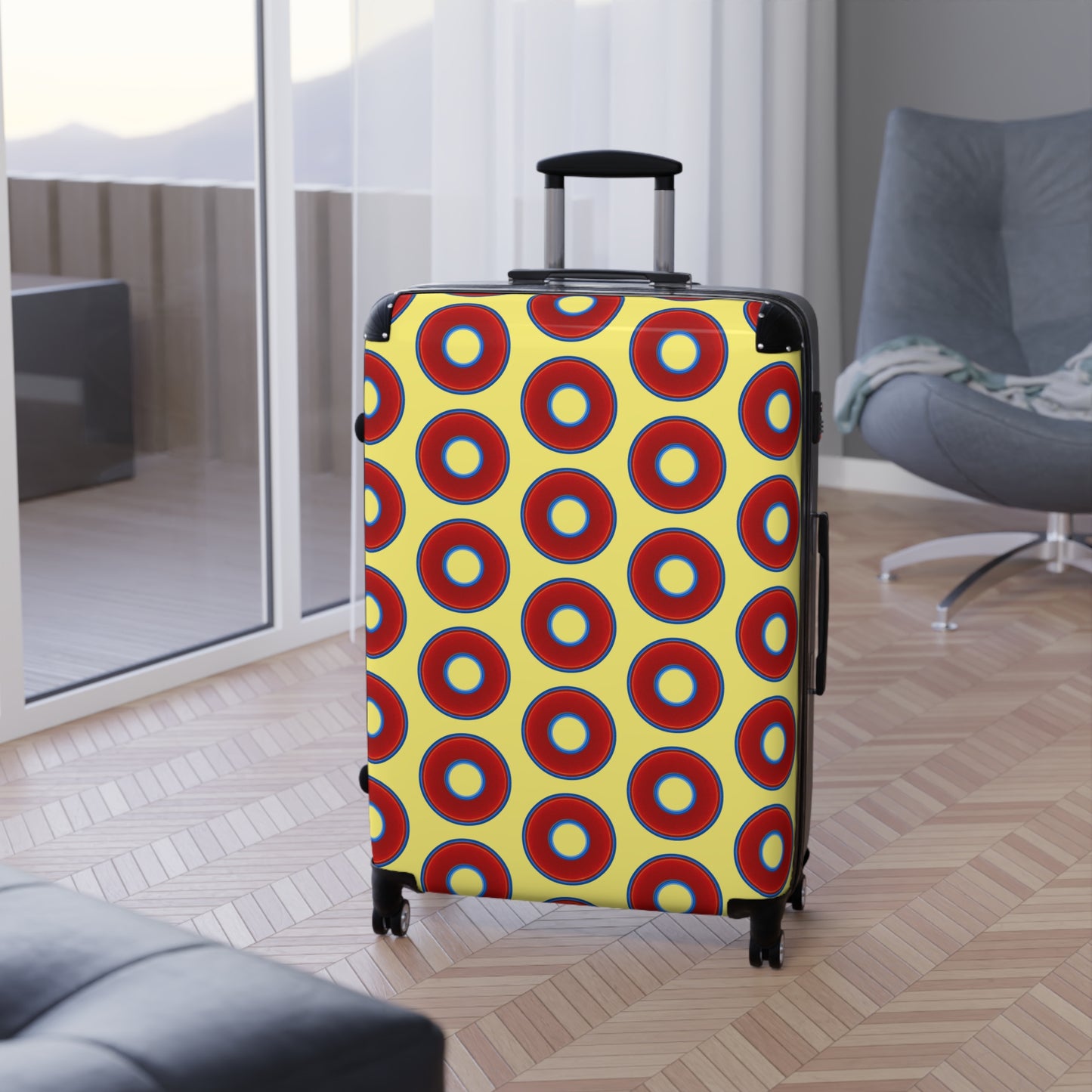 The Very Lumpy Donut Suitcase series - your choice of S, M or L - vivid red donut print w/yellow background