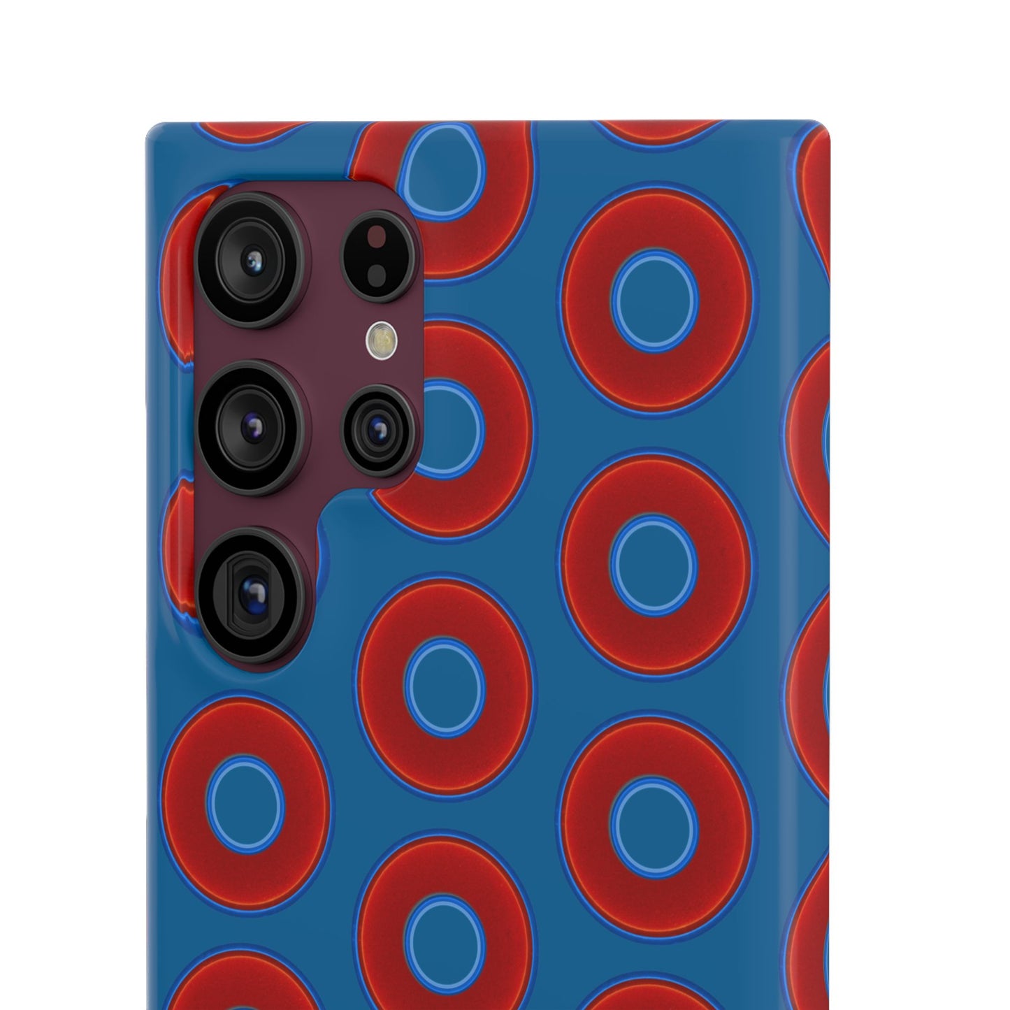 Lumpy Donut Snap Case - red vivid donut print w/wavy navy blue background