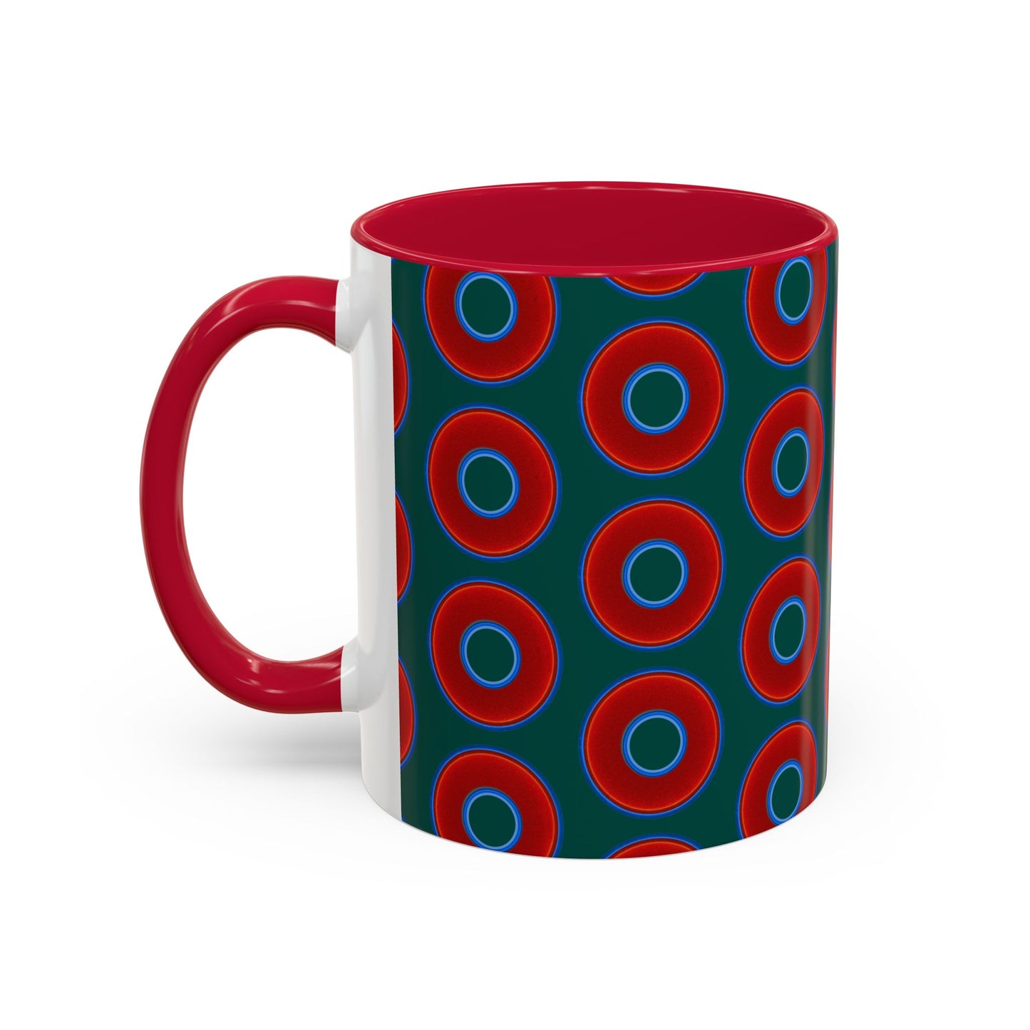 Lump's Grumpy Coffee Mug - vivid red donuts w/dark Fenway green background