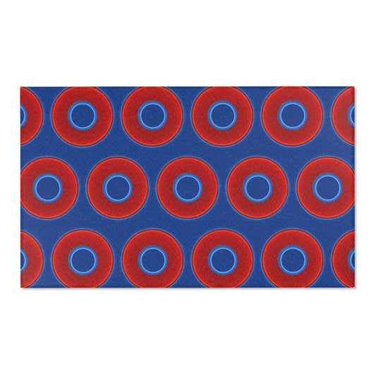 Lumpy Donut Print Rug - choice of 3 sizes - vivid red donut print w/dark blue background
