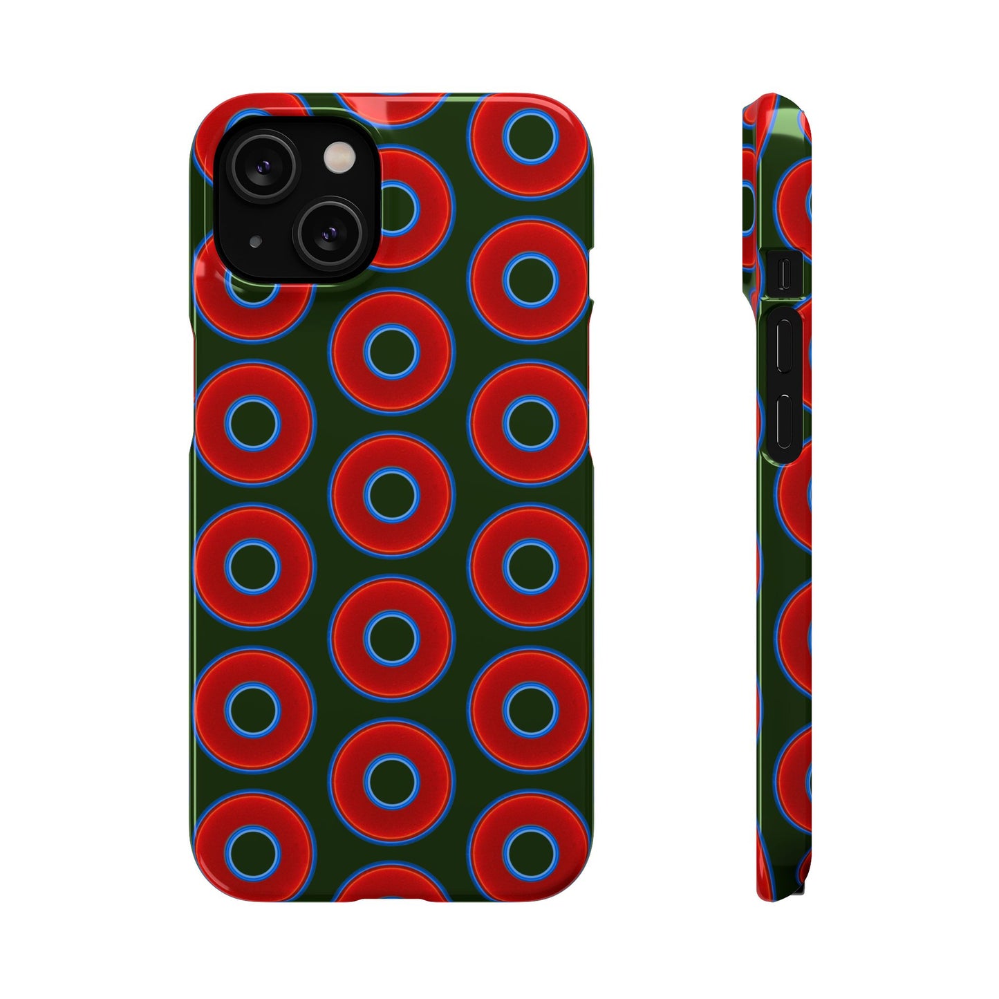 Lumpy Donut Snap Case - red vivid donut print w/deep forest green background
