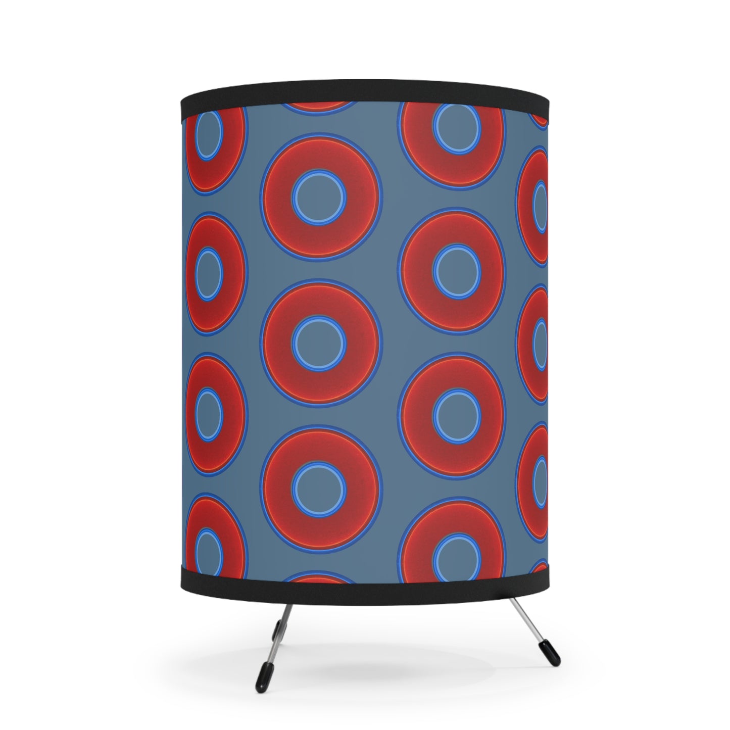 Lumpy Tripod Donut Lamp - vivid red donuts w/steel blue background