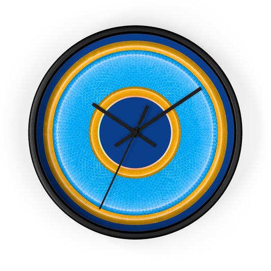 Lumpy Wall Clock - light blue rustic donut w/yellow edging - variant 6 w/dark blue background