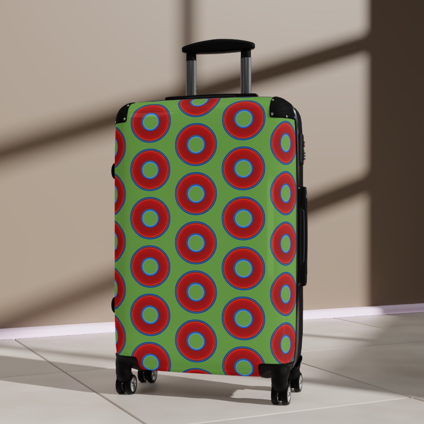 The Very Lumpy Donut Suitcase series - your choice of S, M or L - vivid red donut print w/lime green background